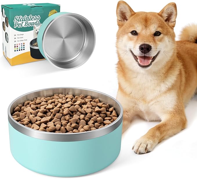 IKITCHEN Dog Bowl for Food and Water, 40 Oz Stainless Steel Pet Feeding Bowl, Durable Non-Skid Double Wall Insulated Heavy Duty with Rubber Bottom for Medium Large Dogs (40 Ounces/5 Cup, MintGreen)