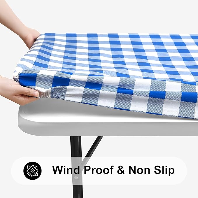 Smiry Rectangle Picnic Table Cloth, Elastic Waterproof Fitted Vinyl Tablecloths, Flannel Backed Buffalo Plaid Table Covers for Dining, Camping, Outdoor (White and Blue, 30" x 72")