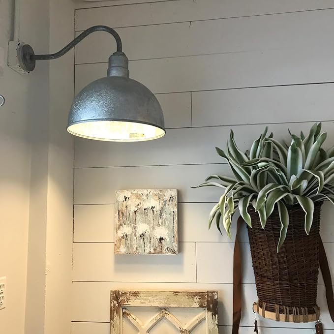 Steel Lighting Co. Hollywood Bowl Light | Outdoor Wall Mounted | 15 inch Bowl Dome | Upward Sloping Gooseneck | Barn Light Made in America | Gray Blue Exterior/Brass Interior