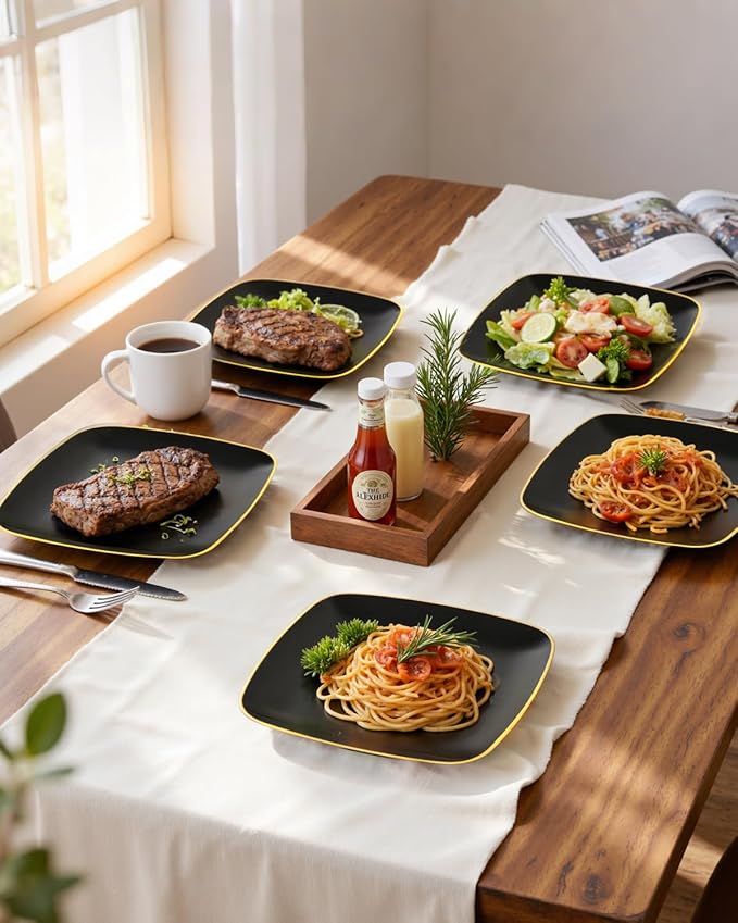 bUCLA 100PCS Black Plastic Plates with Gold Trim - Heavy Duty Black Gold Square Plates Disposable - Include 50 Each (Dinner & Dessert) for Party & New Year