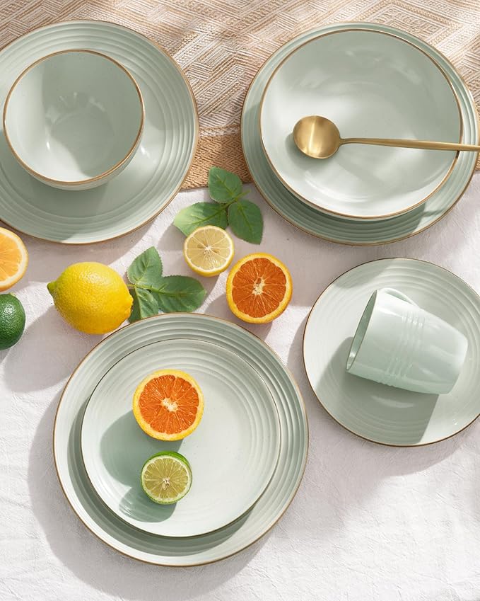 Famiware Jupiter Dinnerware Set, Plates and Bowls Dish Sets for 4 (12 Pieces), Speckled Stoneware Tableware wtih Trim - Microwave and Dishwasher Safe, Chip and Scratch Resistant, Light Green