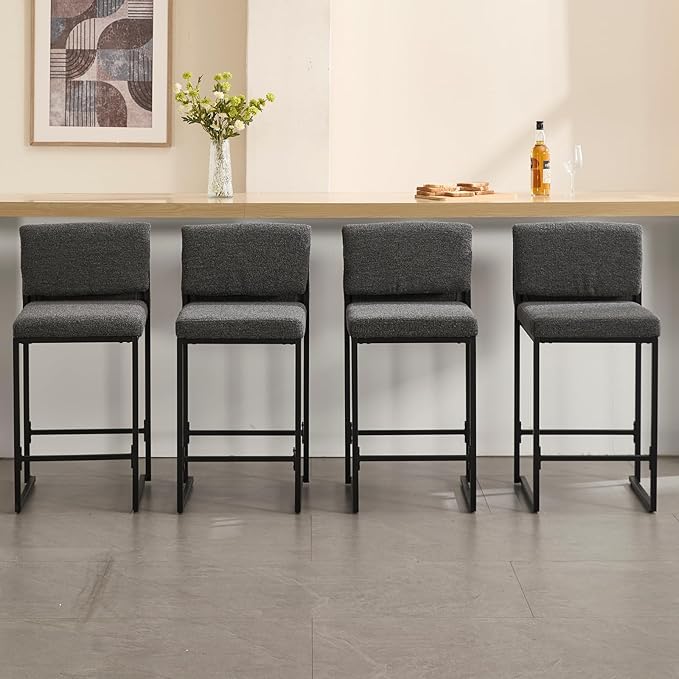 Modern Barstools Set of 2, 26” Upholstered Counter Height Bar Stools Sherpa Fabric Counter Stools with Padded Back Metal Frame for Kitchen Island Dining Room, Black