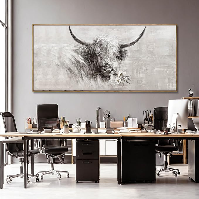 Framed Extra Large Gray Gold and White Cow Canvas Wall Art with Flower Modern Farmhouse Animal Poster for Living Room Bedroom Office Wall Decor 40x88 Inch