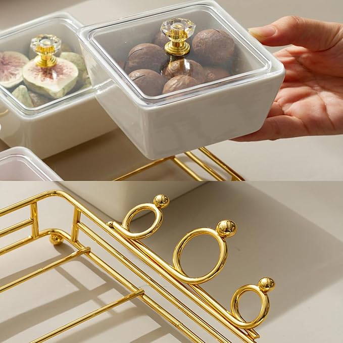 YA JU Ceramic Bowls and with Lid Gold Basket Trays, 3 Removable Small Bowls Condiment Trays Nut Serving Set for Snacks, Fruits, Candy and Condiments - Great for Parties, Green