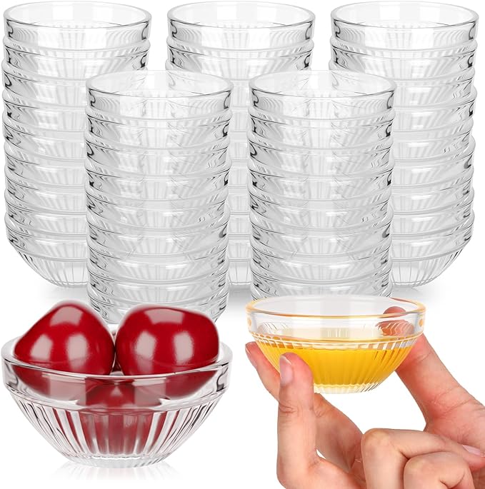 50 Pack 3 Inch Small Glass Bowls Set 2.5 oz Mini Prep Bowl Stackable Glass Candy Dish Dishwasher Safe Ramekins for Dipping Sauce Condiment Cereal Jelly Candy Nuts Dessert Ice Cream