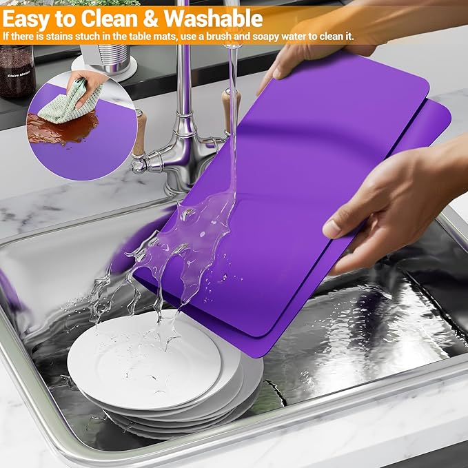 2-Pack Extra Thick Silicone Counter Mats - 24”x16” Large Heat Resistant Kitchen Countertop Protector, Non-Slip Hot Pad Trivet for Air Fryer, Hot Pots & Pans, Coffee Maker (Purple)