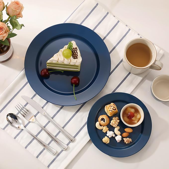 Goodluck 200PCS Navy Blue Plastic Plates, Heavy Duty Disposable Clear Plates with 100 10.25 inch Dinner Plates and 100 7.5 inch Dessert Plates for Party, Holiday, Wedding, Thanksgiving