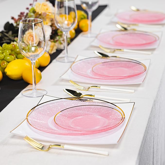 60PCS Pink Plastic Plates with Gold Rim, Lace Patterns Heavy Duty Disposable Plates Include 30 Dinner Plate 10 Inch and 30 Salad Plate 7 Inch for Party, Wedding, Transparent Pink