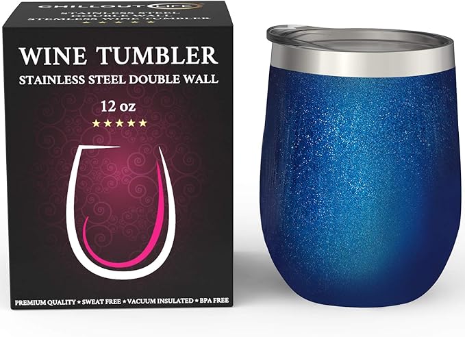 CHILLOUT LIFE 12 oz Stainless Steel Wine Tumbler with Lid - Double Wall Vacuum Insulated Wine Cup Glass Keeping Cold & Hot for Coffee, Champagne, Cocktails, Ice Cream - Blue Sparkle