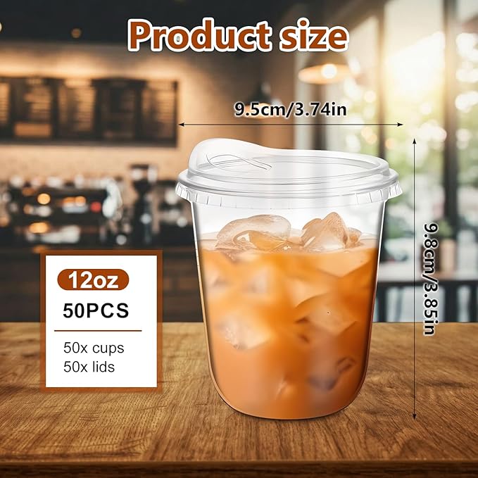 50 Pack 12 oz Clear Plastic Cup With Sip Lids ,Thickened Disposable Iced Coffee Cups for To Go Cold Drinks Latte Juice Smoothie Slushie Milkshake For Drink Shop Parties Events, Leakproof & BPA-Free