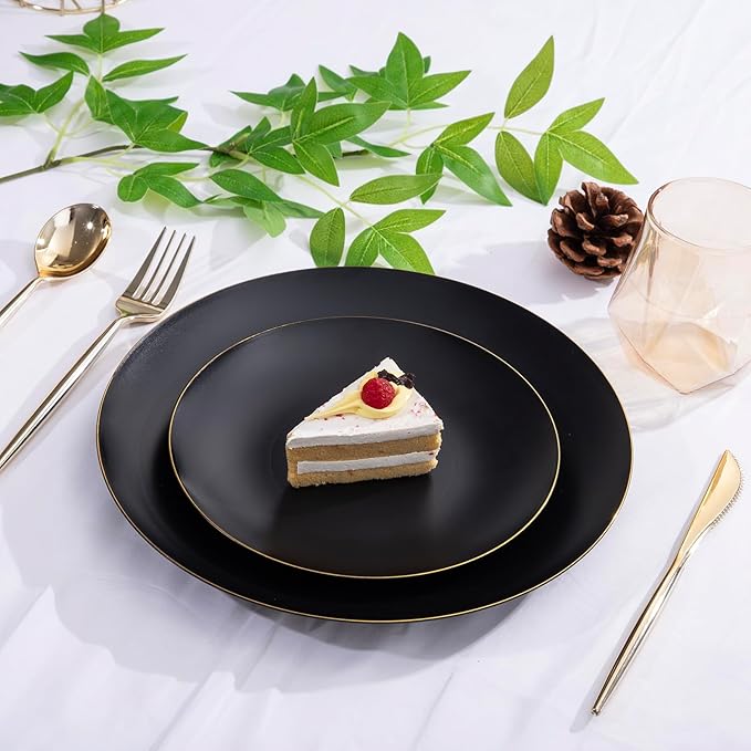 EI enjonirinjonir 80pcs Black Dessert Plates with Gold Rim,7.5inch Heavy Duty Disposable Matte Plastic Party Platos Frosted Small Black Dessert/Cake/Appetizer Plastic Plates for Wedding/Tea Party
