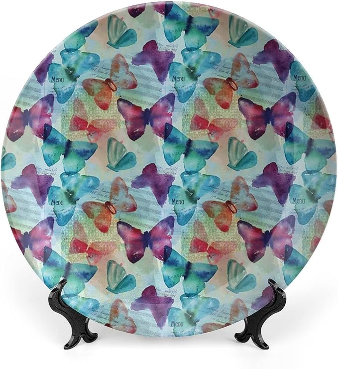 Ceramic Plates, Abstract Decorative Ceramic Plates, Watercolor Rainbow Colored Butterflies and Letterings Music, 6 Inch, for Dining, Parties, Wedding, Multicolor