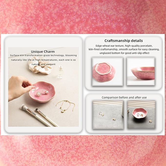 Ceramic Jewelry Tray Ring Holder Dish Floral Trinket Bowl for Women Girls Jewelry Organizer for Vanity Dresser Decor Wedding Birthday Gift for Her (pink)