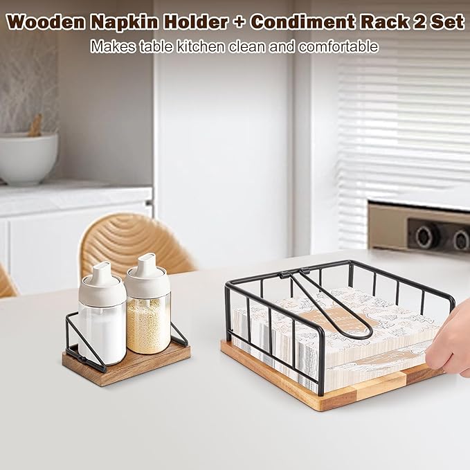 Livabber Flat Napkin Holder, Metal Kitchen Napkin Storage with Weighted Tension Arm Rustic Tissue Paper Dispenser for Countertop, Table Kitchen, Dining Room (with Wooden Base, Black Napkin Holder Set)