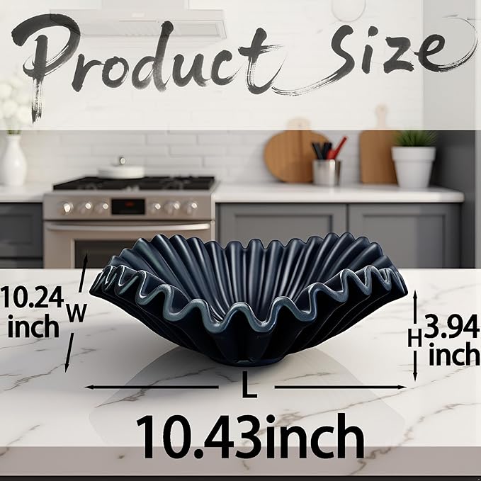 Large Decorative Bowl decor, Scalloped Pedestal Bowls for Modern Home Decor,Ruffle Decor,Stylish Key Bowl for Entry Table,Decorative Fruit Bowl for Kitchen Counter,Black