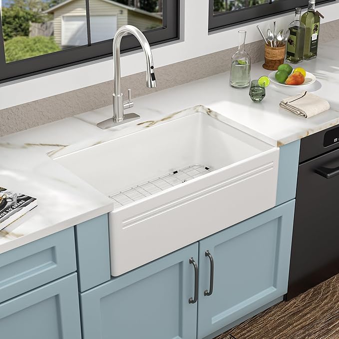 30"x18" White Farmhouse Kitchen Sink – Reversible Apron Front Fireclay Single Bowl Farm Sink, White Ceramic Porcelain Farmer Style Basin