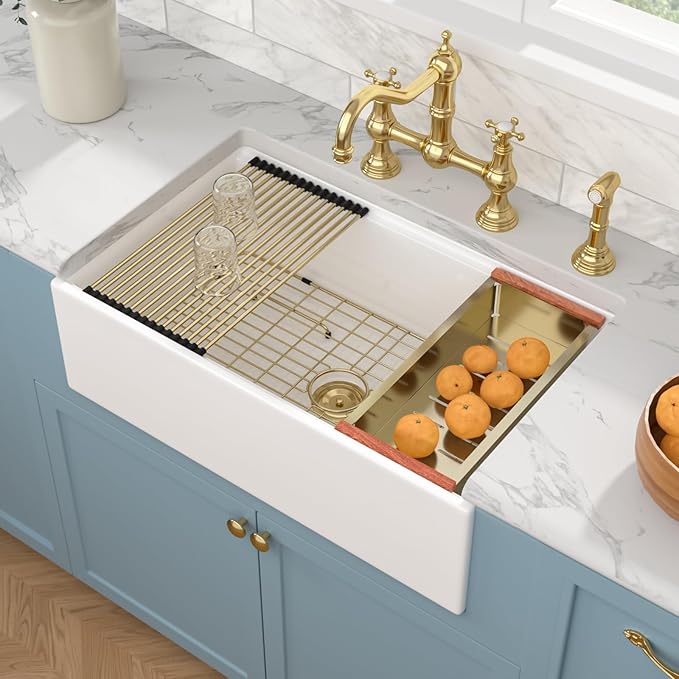 Sarlai 33 White Farmhouse Kitchen Sink - 33x20 Inch Undermount Kitchen Sink Workstation Apron Front Ceramic Fireclay Single Bowl Farmer Sinks Basin With Gold Accessories