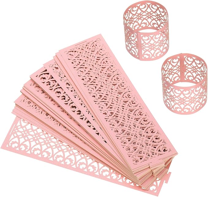 uxcell 100Pcs Napkin Rings Laser Cut Foil Paper, Napkin Holder Hollow Napkin Bands for Weddings Party Serviette Table Decoration Restaurant (Pink, 5.3 x 1.6)