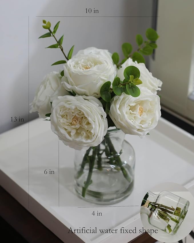 Artificial Flowers with White Roses in Vase, Fix Lifelike Fake Flowers in Vase with Artificial Water, Faux Flower Arrangements for Dining Table Centerpiece Decor