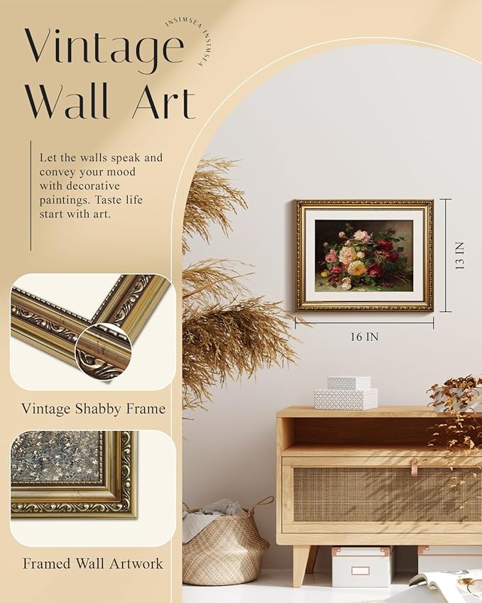 InSimSea Gold Framed Wall Art, Living Room Vintage Rose Bouquet Wall Shelf Decor, Flowers Canvas Print Art, Home Bedroom Farmhouse Decor, Antique Paintings with Picture Frame 13x16inch
