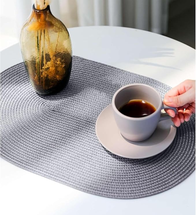 FunWheat Oval Braided Placemats Set of 4 Table Mats for Dining Tables Washable Heat Resistant Place Mats for Indoor Outdoor Use 12 x18 Inch(Oval Light Grey, 4pcs)