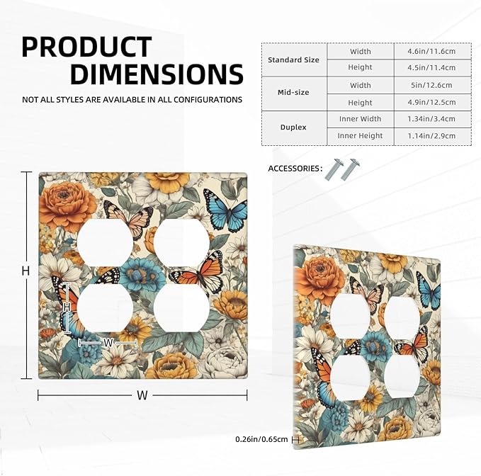 Light Switch Cover Vintage Colorful Floral Butterfly Flowers 2 Gang Decorative SwitchPlates Double Duplex Wall Plates Switch Plates and Outlet Covers for Bathroom Bedroom Decor