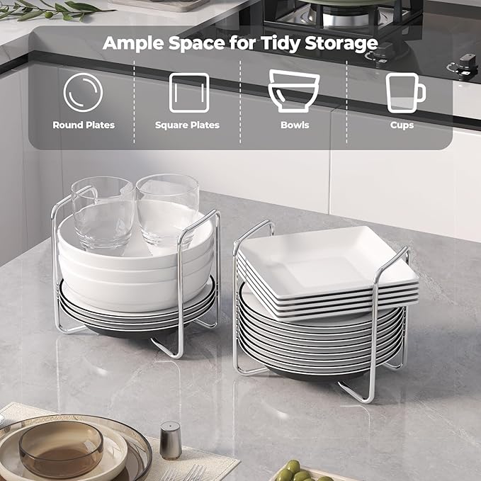 Adjustable Dish Rack for Kitchen Counter - Bamboo Plate Holder Organizer for Cabinet Wooden Bowl Organizer Stainless Steel Plate Stand Storage for Kitchen Drawer Countertop Cupboard Shelf RV