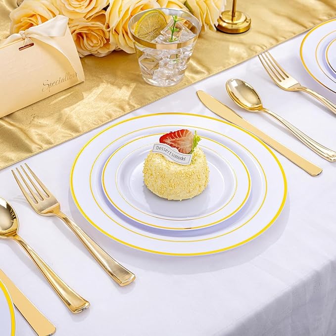 WELLIFE Gold Disposable Dinnerware Set for 100 Guests - 600PC BPA-Free Plastic Plates & Cutlery Kit with 100 Dinner Plates, Salad Plates, Forks, Knives, Spoons & Cups for Party, Catering (Heavy-Duty)