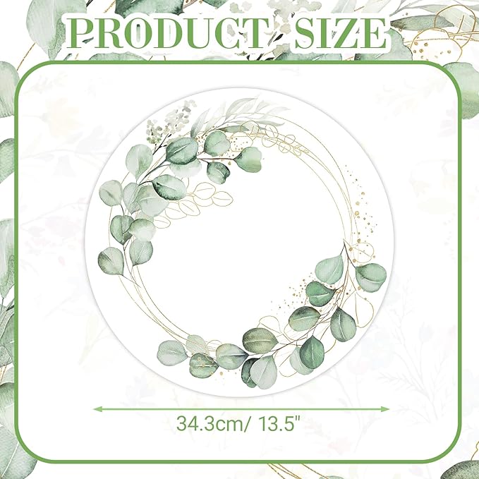 50PCS Eucalyptus & Gold Disposable Paper Placemats 13.5 Inch Spring Summer Round Eucalyptus Leaves Table Mats for Weddings, Bridal Showers & Modern Dining