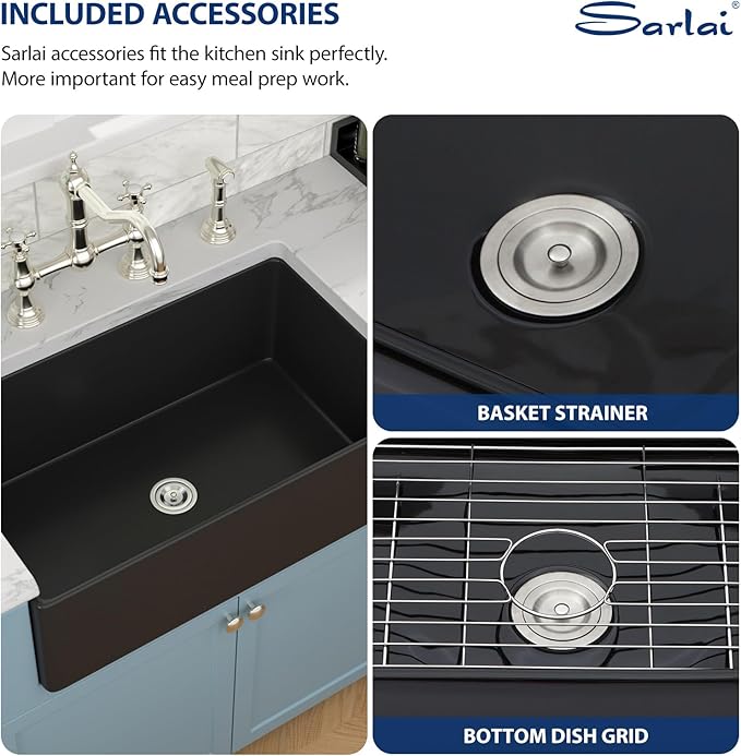 Sarlai Black Farmhouse Sink - 33 Inch Kitchen Sink Apron Front Matte Black Fireclay Ceramic Porcelain Single Bowl Kitchen Farmer Sinks Basin