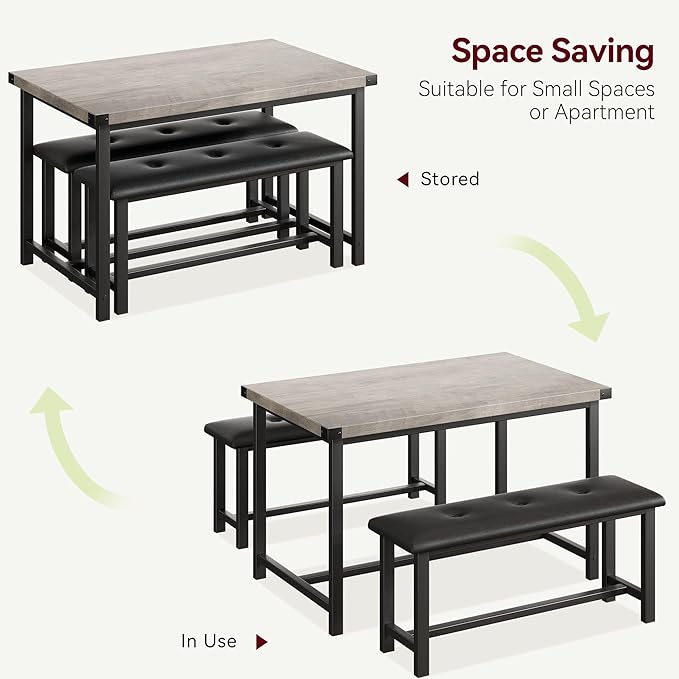 Garvee Dining Table with 2 Benches, Kitchen Table with 2 Upholstered Benches, 3 Piece Dining Table Set Space Saving for Apartment, Kitchen, 44.48" l x 27.58" w x 29.58" h, Grey