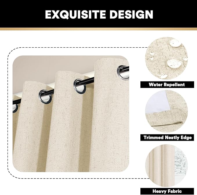 PrinceDeco 100% Blackout Curtains Linen Blackout Curtains 108 Inches Long Room Divider Curtains for Bedroom/Living Room Patio Curtains for Sliding Door Extra Wide Drapes,W100 X L108,Bleached Sand