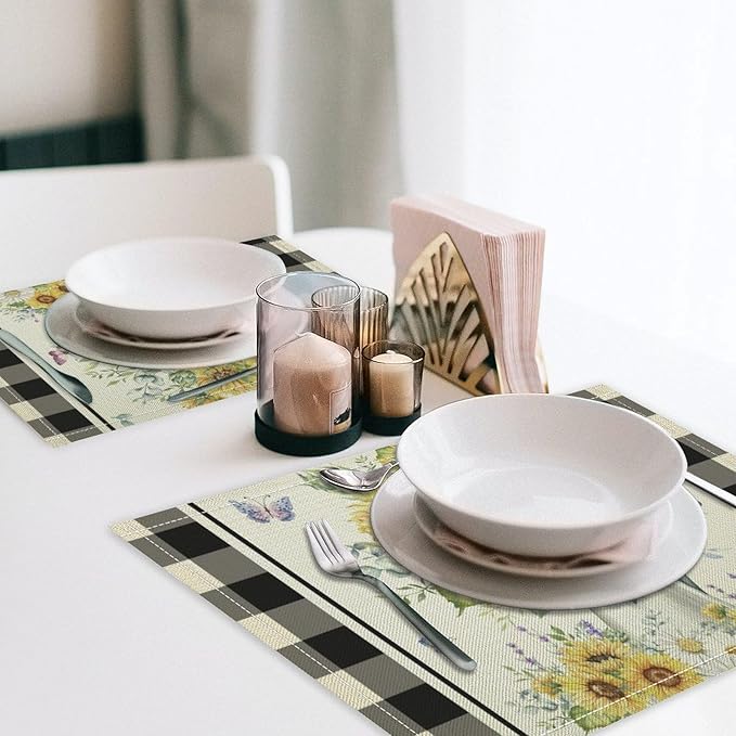 Vintage Sunflower Theme Placemat Set, Rustic Farmhouse Vivid Lavender Floral Butterflly Black White Check Pattern Home Decor Linen Table Mats for Dining Room Kitchen Party (17x12in) x6P