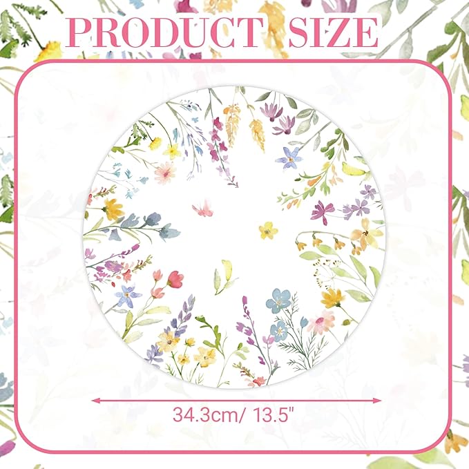 50PCS Floral Disposable Paper Placemats 13.5 Inch Flowers Placemats Pastel Watercolor Round Table Mats for Spring Weddings, Brunch & Garden Parties