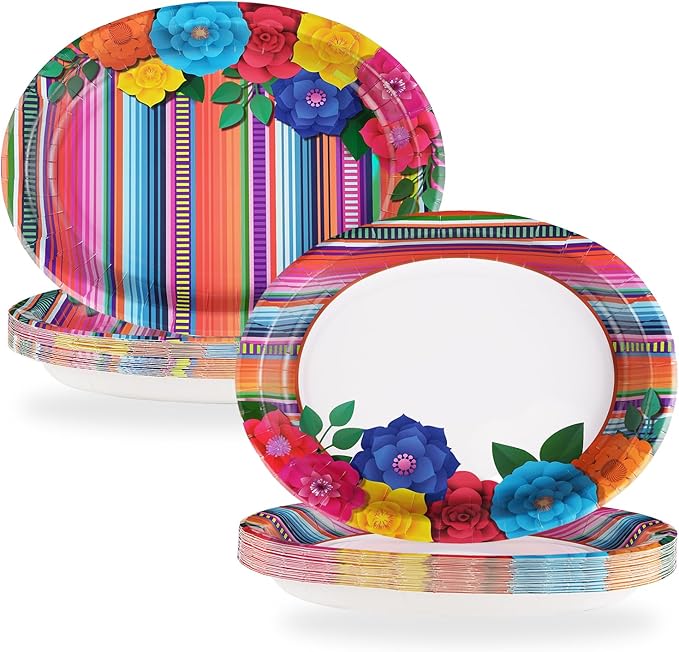 50Pcs Mexican Fiesta Party Plates 10" x 12" Large Disposable 400 GSM Heavy Duty Mexican Floral Stripes Oval Paper Plates Cinco De Mayo Decorations for Baby Shower Mexico Taco Party Supplies