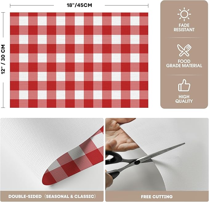 Artoid Mode Buffalo Plaid Vinyl Placemats Set of 4, 12x18 Inch Washable Non-Slip Heat Resistant Plastic Place Mats for Party Dining Table, Red/White
