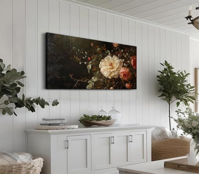 ADJUVANT Wall Art Vintage Peony And Rose Bouquet 40"L x 20"W, White Peony With Pink Roses Canvas Painting Elegant Floral Artwork Prints Botanic Wall Decor for Living Room Bedroom Dining Room Home Office