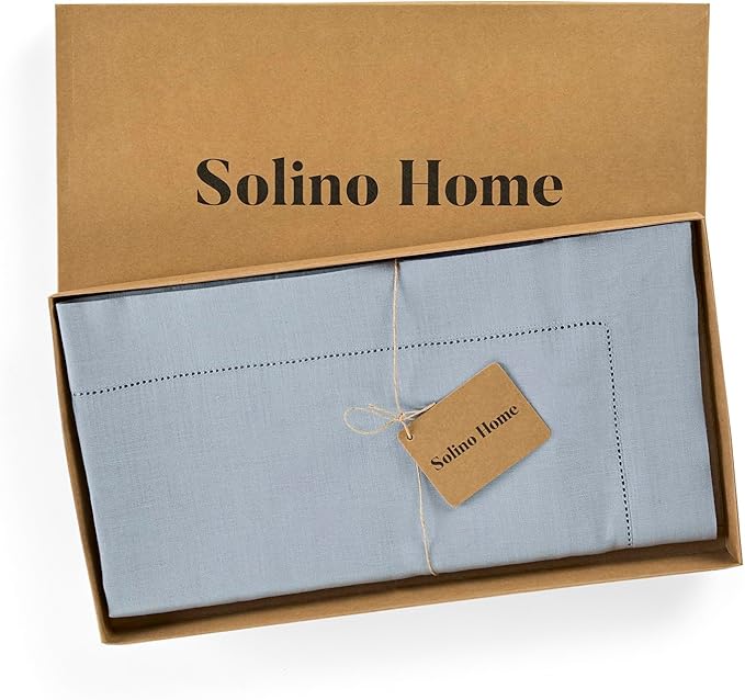 Solino Home Linen Tablecloth 52 x 52 Inch - 100% Pure Linen Dusty Blue Square Tablecloth - Classic Hemstitch, Machine Washable Table Throw for Winter, Spring, Easter