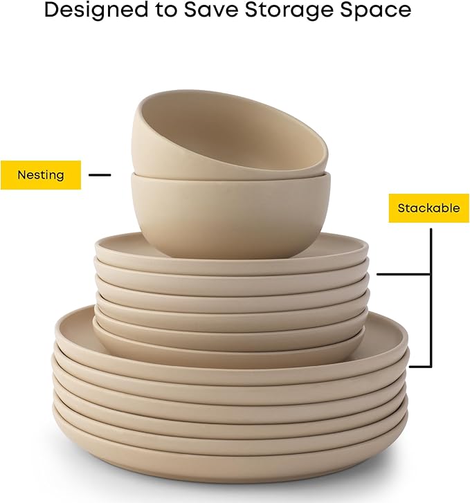 JoyJolt Mesa Stoneware Salad Plates, 8" Round Lunch Plates, Dishwasher and Microwave Safe Plate Set of 6, Modern Rustic Dinnerware, Appetizer Dessert or Dinner Sides Kitchen Dishes - Matte Beige