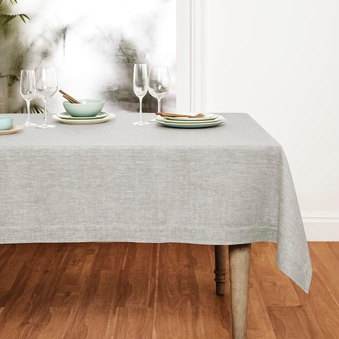 Solino Home Linen Tablecloth 52 x 52 Inch - 100% Pure Linen Square Table Throw - Athena, Machine Washable Oyster Grey Tablecloth for Spring, Easter