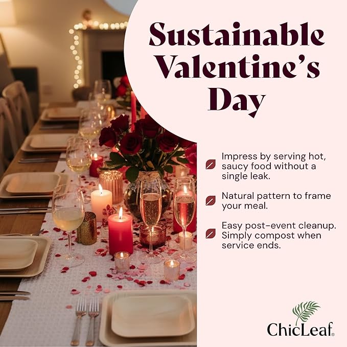 Chic Leaf 7 Inch Palm Leaf Plates - Heavy Duty Disposable Party Tableware - Bamboo Style Round Saucers for Wedding Appetizers, Winter Events & Upscale Look for Valentine’s Meal (50 Pack)