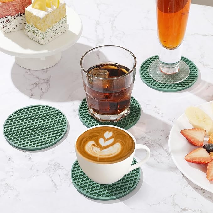 Silicone Coasters Set of 8 with Holder,Coasters for Drinks,Beer,Coffee Coasters,Suitable for Kinds Cups,Hot or Cold,Anti-SLI,Non-Stick,Anti-Overflow Tabletop Protection and Decor (8 Pcs, Green)