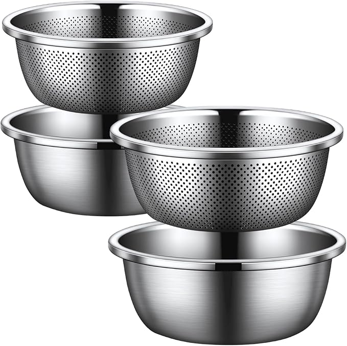 4 Pcs Stainless Steel Mixing Bowls Drain Basket, Set with Strainer, 24 cm/9.45 in and 30 cm/11.8 in Solid and Perforated Bowls, Rust-Resistant Kitchen Helper for Washing, Draining, and Filtering
