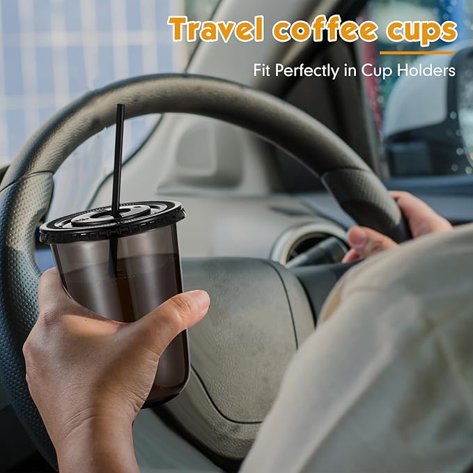 50 Sets Clear Plastic Cups with Lids and Straws, Disposable Iced Coffee Cups Drinking PET for Cold Drinks, Juice, Smoothie, Coffee Shops, Party, Christmas(Black,16 oz)