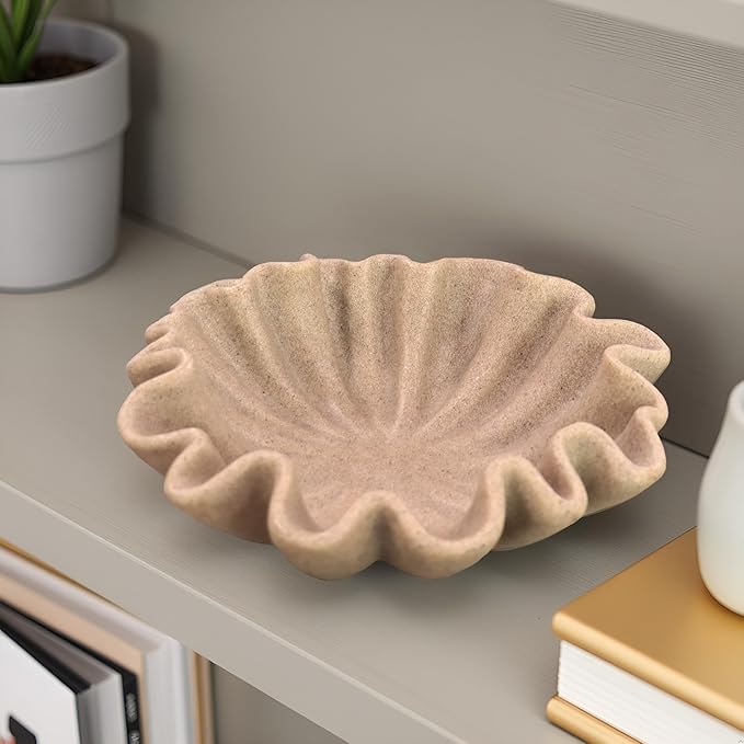 10" Large Handmade Decorative Bowl decor , Handicraft Scalloped Bowls for Modern Home Decor,Ruffle Decor,Key Bowl for Entry Table,Decorative Fruit Bowl for Kitchen Counter,Artificial Stone Beige