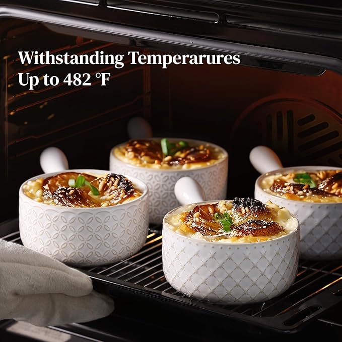 DOWAN French Onion Soup Bowls, 18 Oz Soup Bowls with Handles, Oven Safe Stackable Ceramic Soup Crocks for Chili, Beef Stew, Microwave & Dishwasher Safe Set of 4