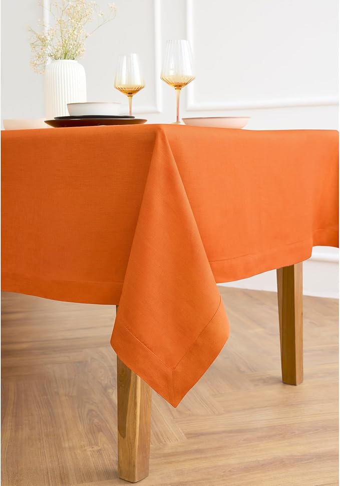 Solino Home Linen Tablecloth for Rectangle Tables 60 x 108 Inch - 100% Pure Linen Persimmon Orange Table Cloth - Fete, Machine Washable Cloth Tablecloth for Spring, Easter