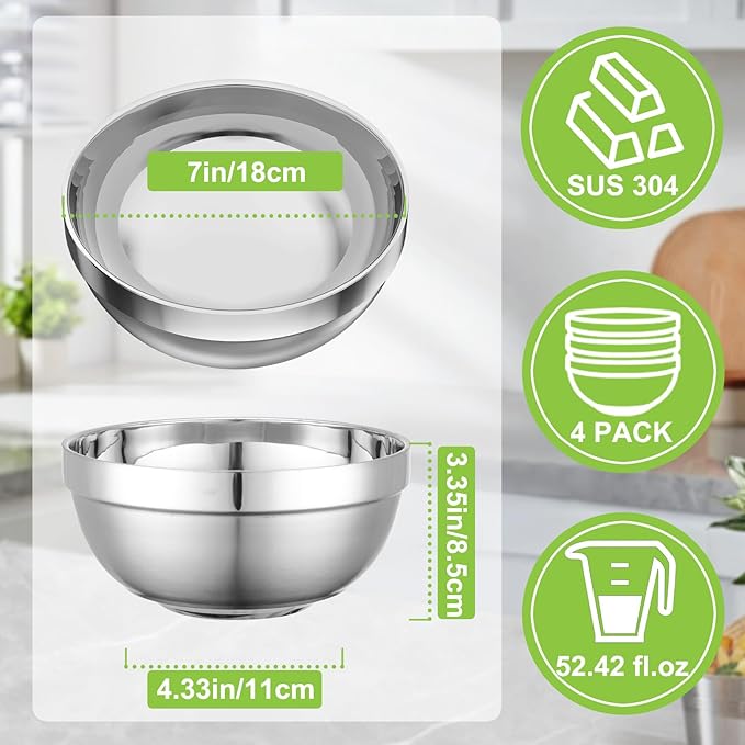 Stainless Steel Bowls, 4 Pack 7in 52.4oz 1550ml Large SUS304 Double Wall Insulated Stackable Metal Hot Soup Bowl Containers for Dishes Serving Cereal Snacks Ice Cream Food Rice Salad