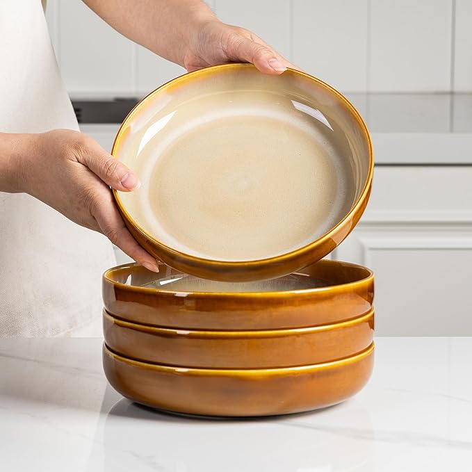 LERATIO 8.5'' Large Ceramic Pasta Bowls, 36oz Pasta Serving Bowls Set of 4 for Kitchen, Wide Bowls for Fruit,Pasta,Salad,Oatmeal,Meal, Microwave Safe, Reactive Glaze-Kahki