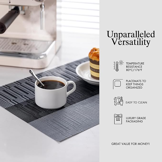 Placemats Set of 12 - Easy Clean Woven Vinyl Placemats for Dining Table, Indoor/Outdoor Place Mats, Washable PVC Table Mats （Silver Gray Black）